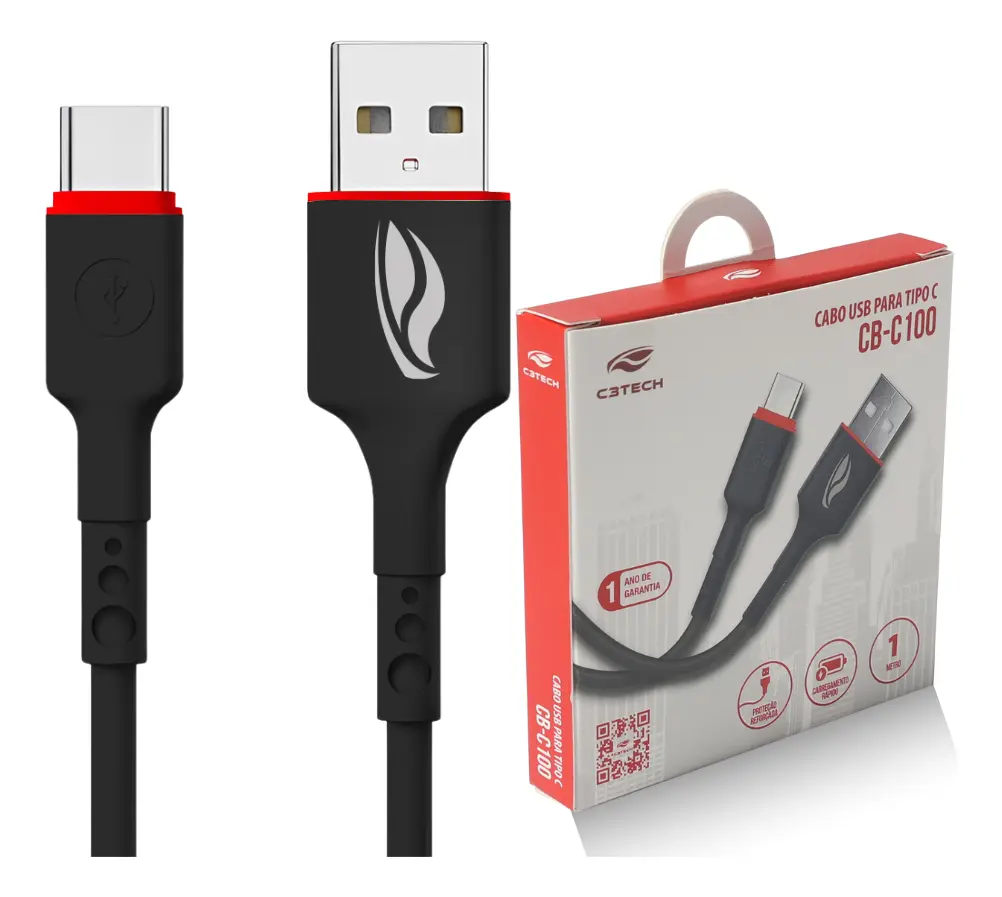 Cabo Carregador USB-A para Tipo-C 1 Metro 3A C3Tech Preto C3Tech